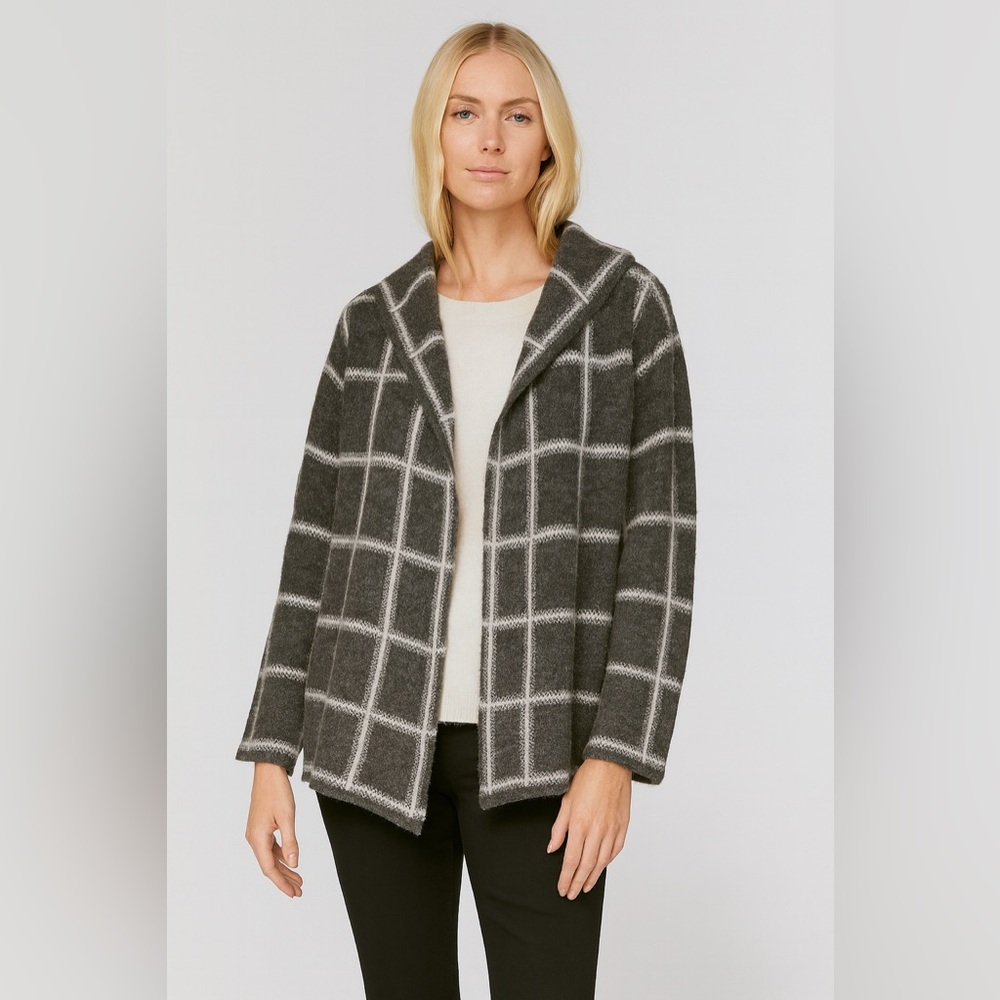 Ellen Tracy Wool Blend Gray Plaid Cowl Neck Sweater